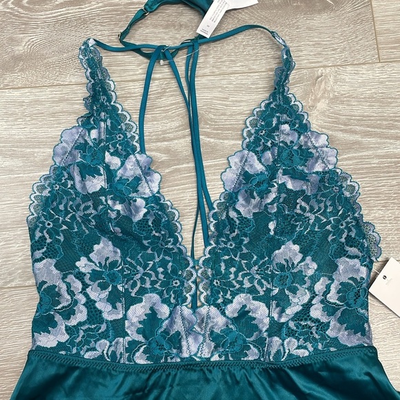 NWT Auden Halter Teal Satin Lace Strappy Back Babydoll Nightie and Thong Panty S - Picture 4 of 15